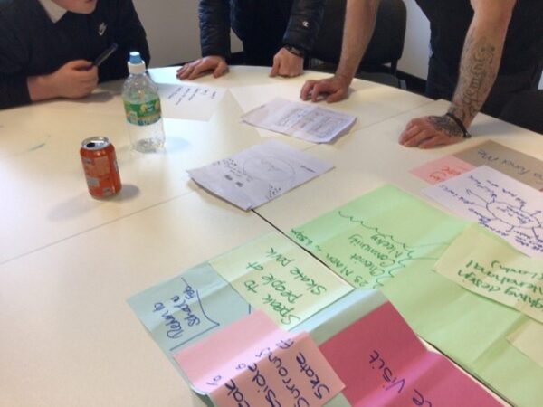 Image shows people around the table considering ideas written on post-it notes