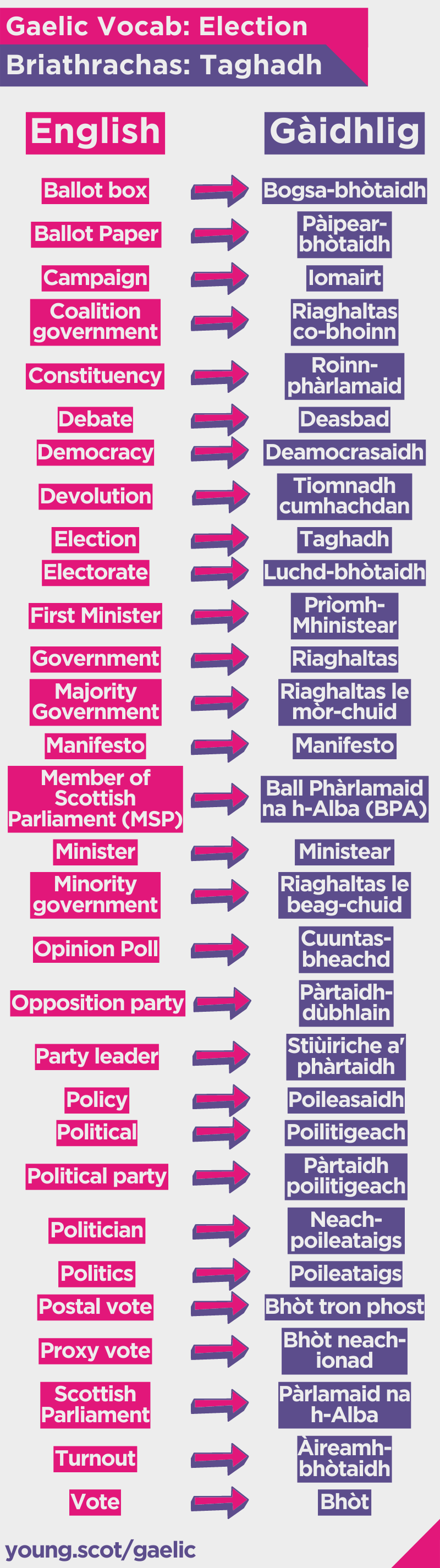 A list of 30 words related to elections with English on the left hand side and Scottish Gaelic translations on the right. There is a text version below for screen readers.