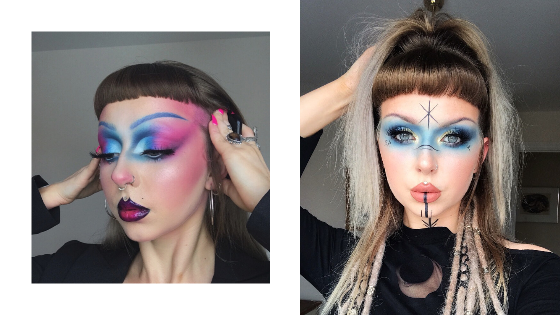 Photographs of Rebecca with her two different make up styles using blue and purple colours.