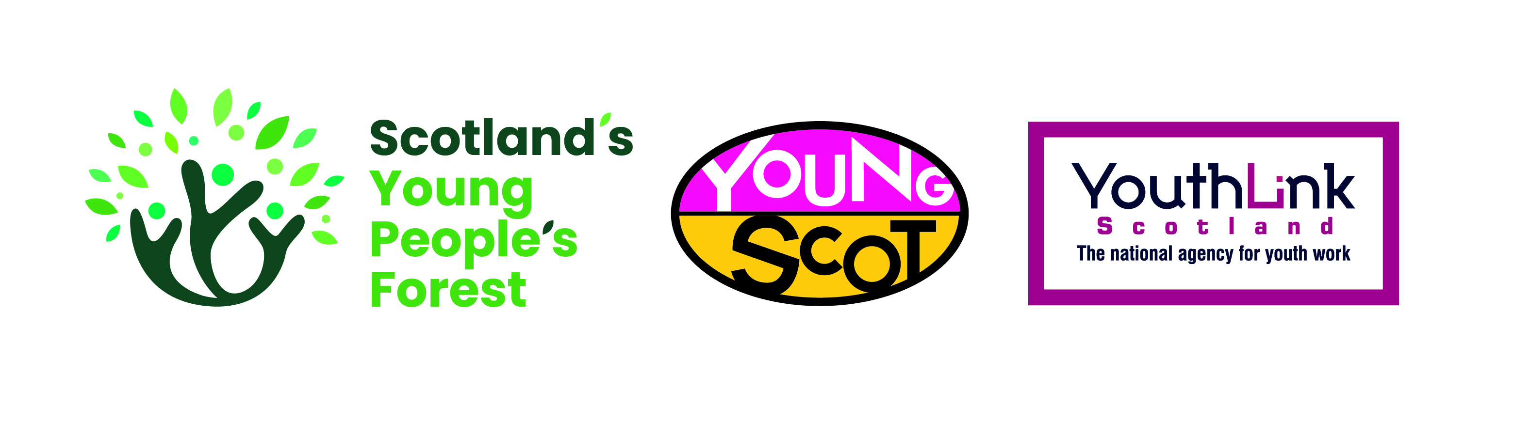 Logo of Scotland's Young People's Forest, the logo for Young scot and the logo for Youth Link