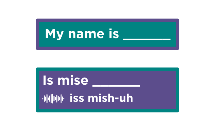 Text boxes showing Is mise is Gaelic for my name is