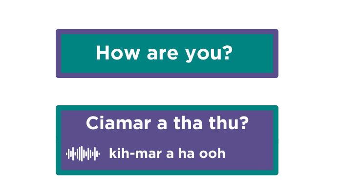 Text boxes show Ciamar a tha thu is gaelic for how are you