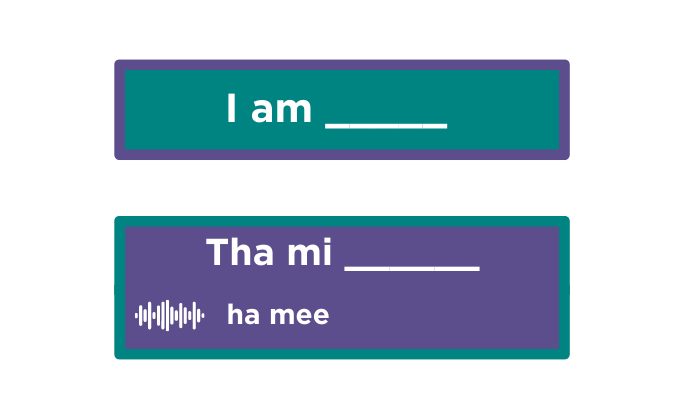 Text boxes showing Tha mi is Gaelic for I am