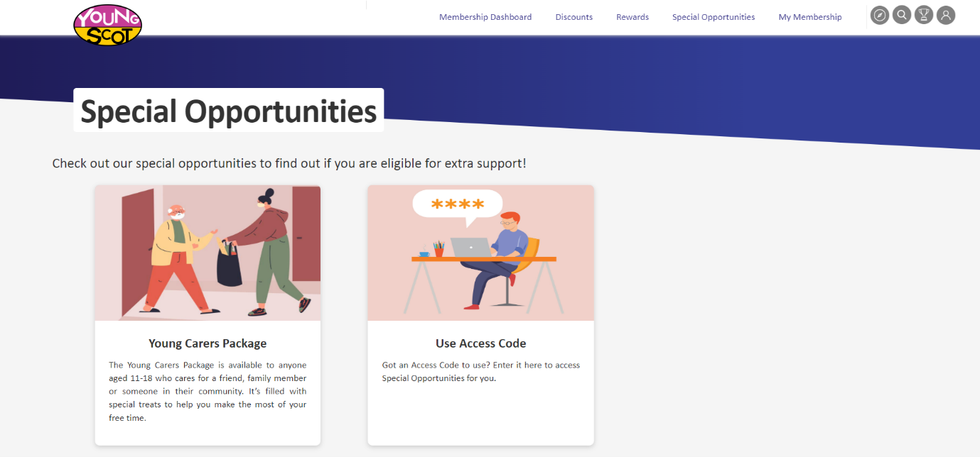 Screenshot of the Membership platform showing 'Special Opportunities' and two different options, the first Young Carers Package and the second Use Access Code