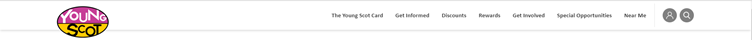 Menu bar on membership.young.scot showing several options at the top: The Young Scot Card, Get Involved, Discounts, Rewards, Get Informed, Special Opportunities, Near Me