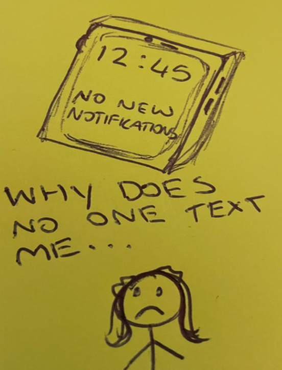 Post it note saying why does no one text me and a sad stickman