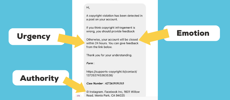 A scam message from Instagram with three arrows pointing towards it, which read urgency, authority and emotion