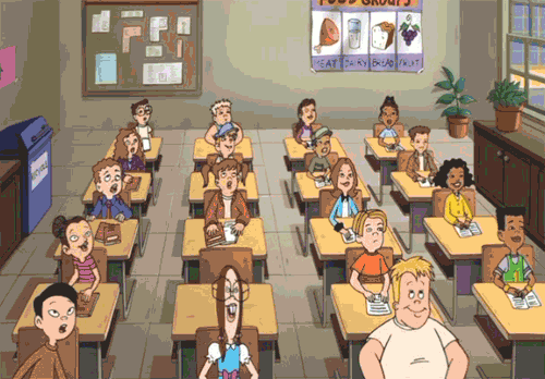 Recess characters in school throwing papers in the air