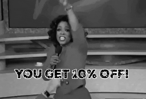 Oprah pointing to the audience with a microphone in her hand. Glittery text over the top says "You get ten percent off!"